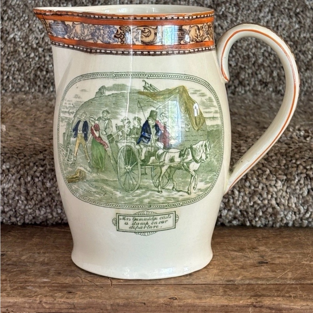 Vintage-Style Cream Ceramic Pitcher with Green Transfer Scene